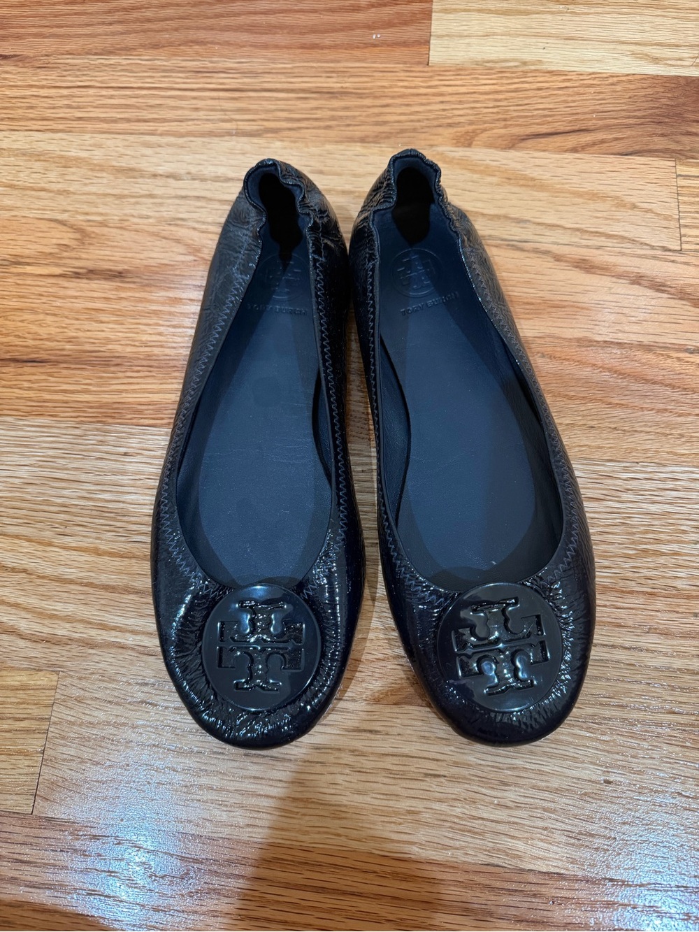 Tory Burch Navy Blue Miller Patent Logo Round-Toe Ballet Flats